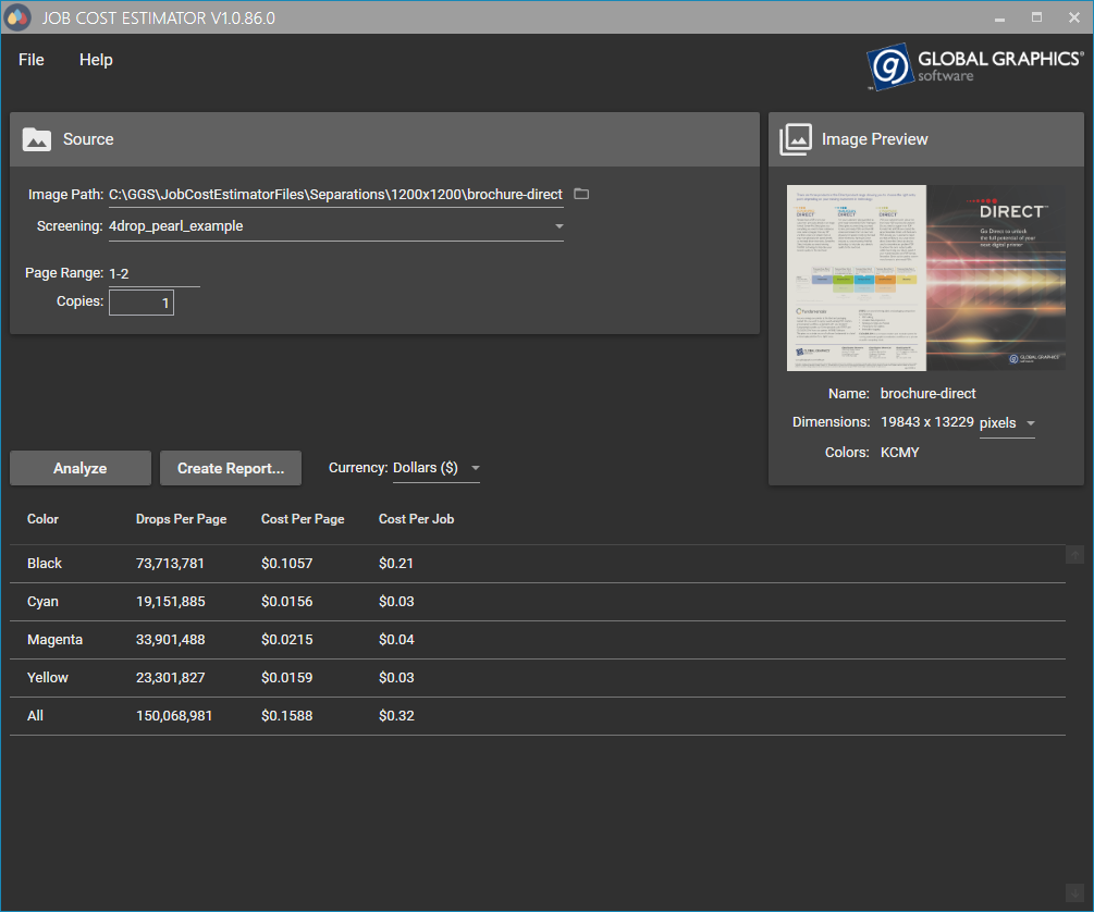 The screenshot shows a calculation performed using our Job Cost Estimator for a 1200x1200 dpi version of our two-page Direct brochure, screened with 4-drop pearl.