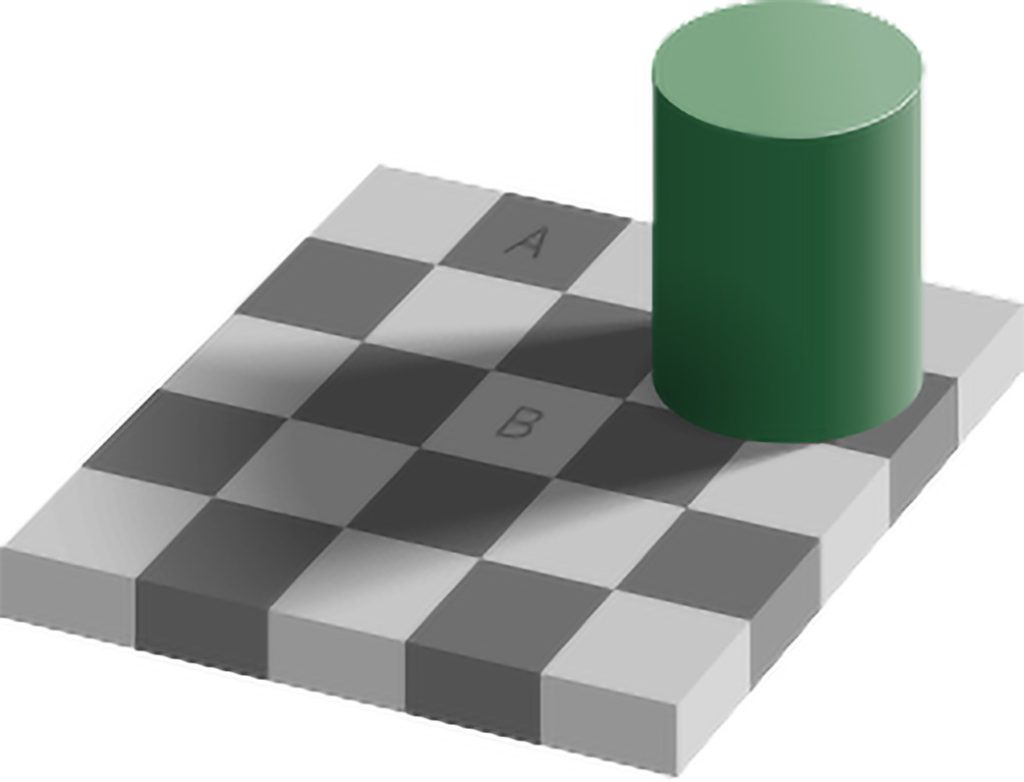 A set of squares explaining how colour is the same although it looks different